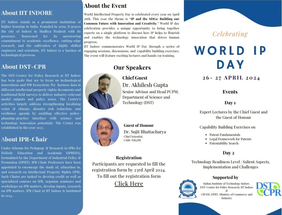 Will b delighted to join World IP Day celebration on 26th April organised by @IITIndore. This year theme is 'IP and SDGs : Building our common future with innovation and creativity' Link for registration docs.google.com/forms/d/e/1FAI… @karandi65 @IndiaDST @vipmkgoyal