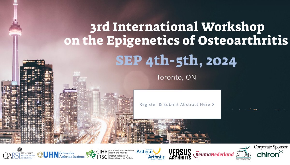 Join the 3rd International Workshop on the Epigenetics of Osteoarthritis in September! This event features world leading experts in the fields related to epigenetic mechanisms associated with #osteoarthritis ➜ bit.ly/4aFckxW @SchroederInst @UHN