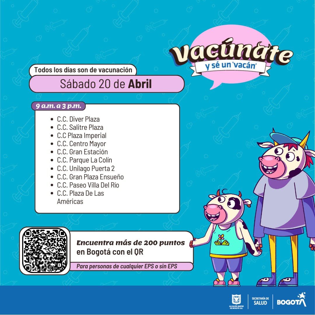 Todos los días son de vacunacion. 

Que este fin de semana se dedique a la familia Vacana. 
Para Influenza, grupos de riesgo:

- Niños de 6 a 23 meses 
- Personas con comorbilidades de 24 meses a 59 años
- Adultos mayores de 60 años
- Gestantes