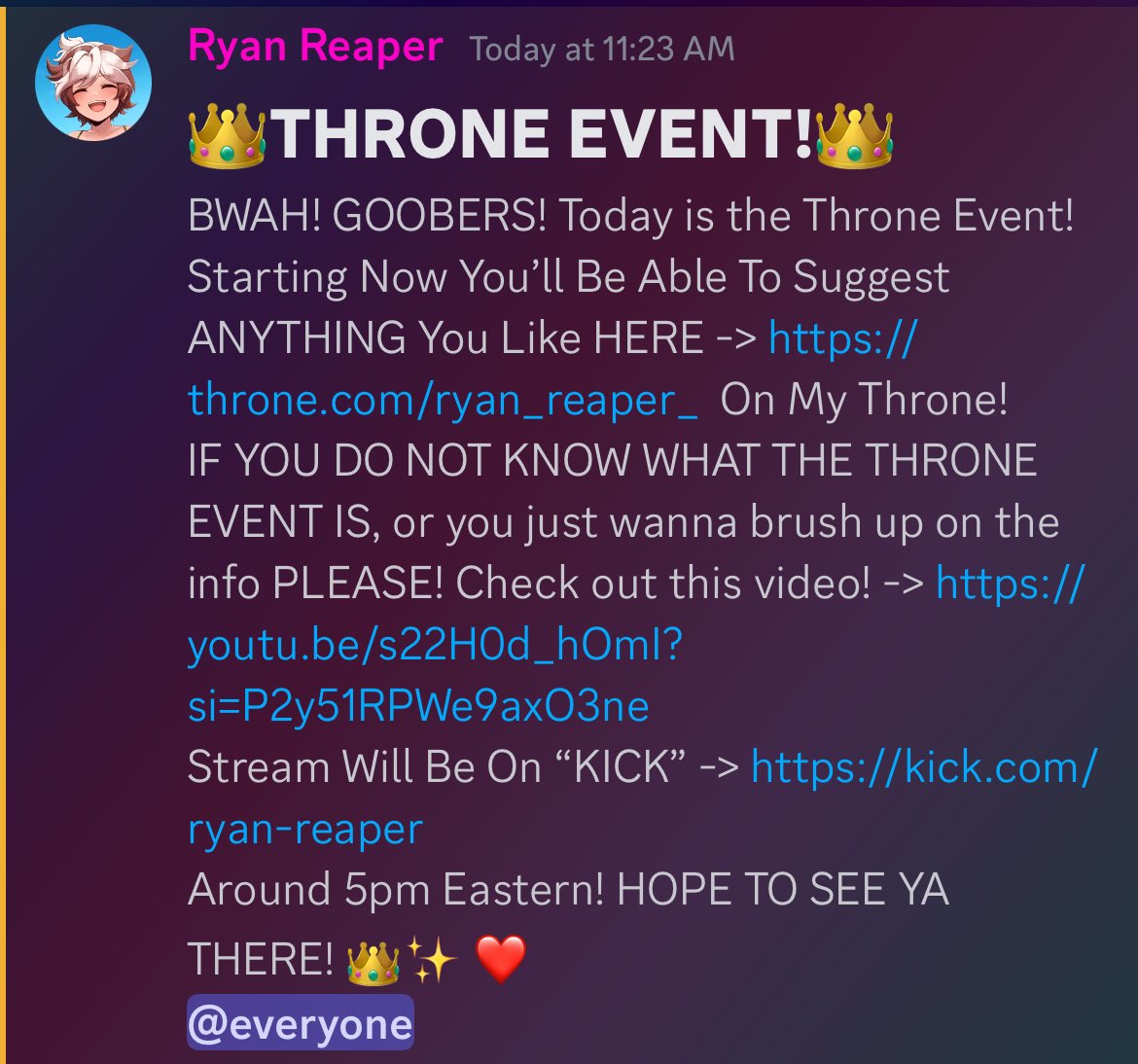👑THRONE EVENT TONIGHT!👑 🔽Links🔽 Throne - throne.com/ryan_reaper_ Throne Video - youtu.be/s22H0d_hOmI?si… KICK - kick.com/ryan-reaper