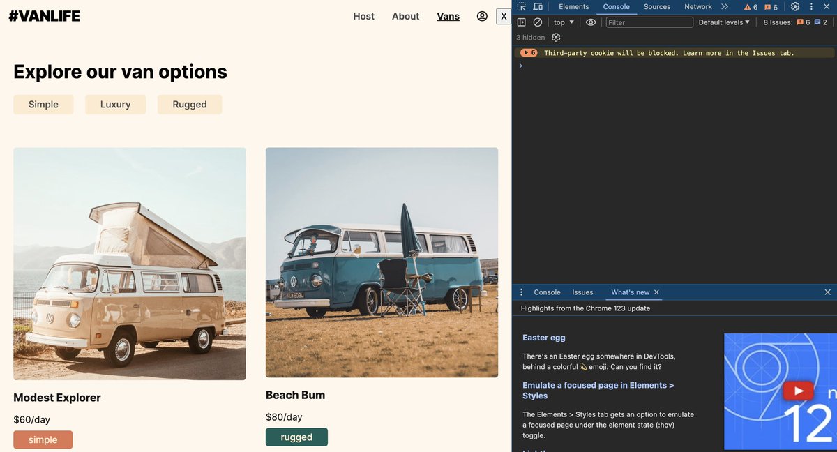 Day 37-38 of #100DaysOfCode 

finally completed the react router course on scrimba 🥹💕

With this course, I built a cute van renting website with login function, but I’m faking the authentication for now

gonna learn how to do authentication with firebase