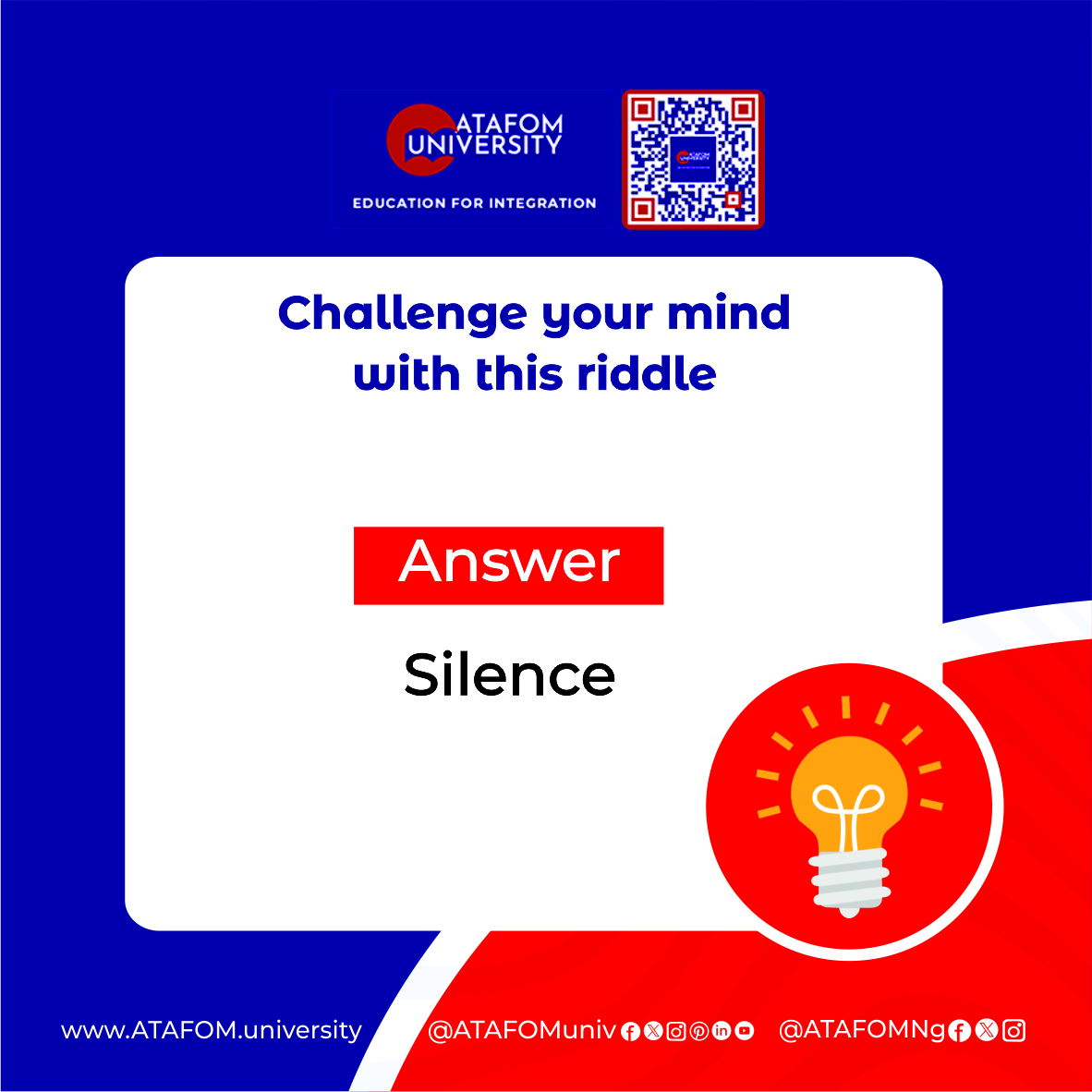 Challenge your mind with this riddle.

Visit Our Website: ATAFOM.university

#ATAFOM #atafomng #nigeria
#ATAFOMuniversity
#onlineuniversity
#SakirYavuz
#quizchallenge  #PerfectTimingHolding
#EducationforIntegration #Education #ATAFOMLanguageAcademy #onlinecourses