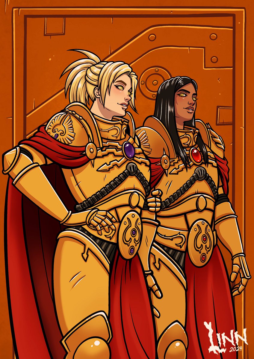 dustyteatime's tweet photo. ”And  they were….roomates?”

Decided by the Poll! PLESS enjoy these gold eyed SPACE LESBIANS!

#WarhammerCommunity #Custodes #Femstodes #LGBTQ 
#40k https://t.co/TLv4x7TpYx