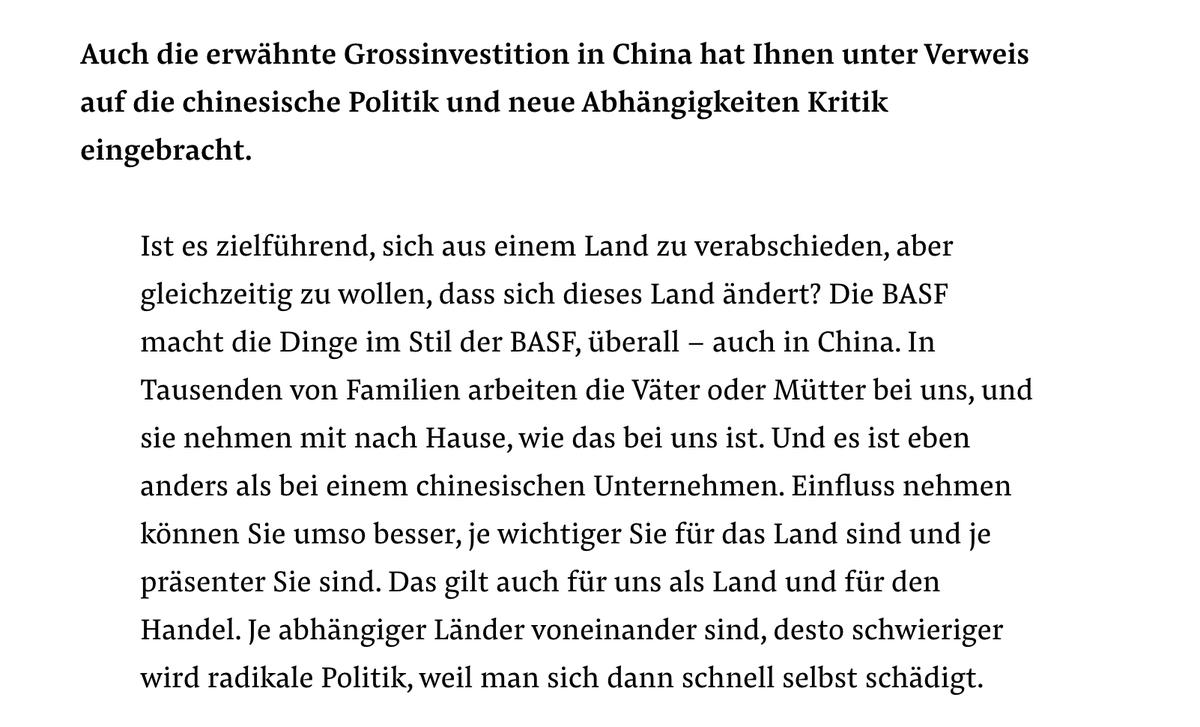 Es ist 2024. Und Brudermüller verbreitet immer noch die Mär von 'Wandel durch Handel'. BASF-Chef ist ein Musterbeispiel für Lernunfähigkeit von Teilen 🇩🇪 Wirtschaftseliten. Es ist wirklich zum Schreien. Und ein Fall für Kognitionspsychologen. nzz.ch/wirtschaft/bas…