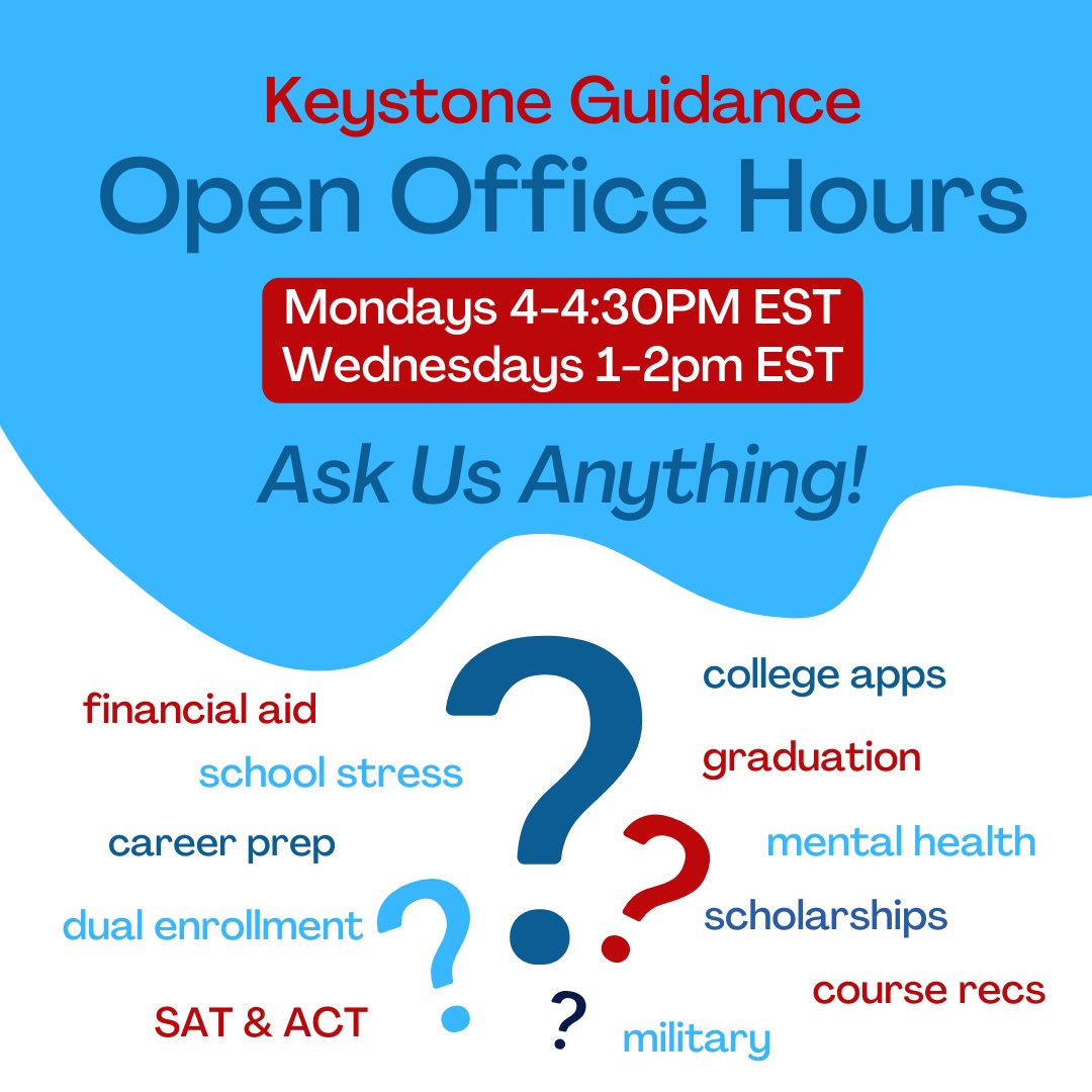 Need help with managing school? Our School Counselors are here to help. Stop by the Guidance office during our Open Office hours to chat: bit.ly/guidanceopenof…
 #thekeystoneschool #onlinelearning #livewhilelearning #counselingoffice #officehours #dropin #openofficehours