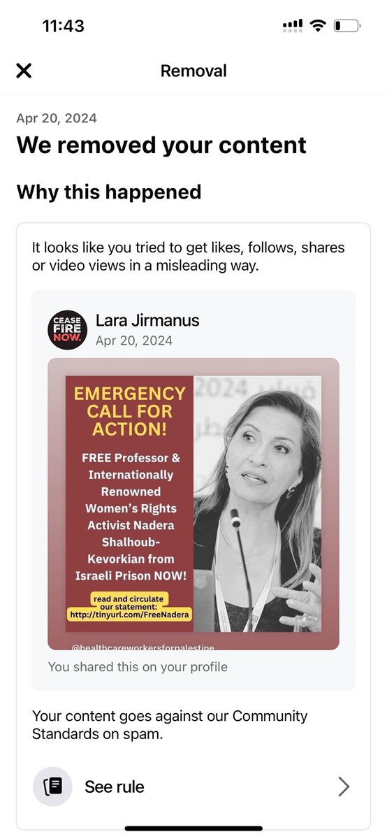 Apparently according to Facebook, my post to #FreeNadera from the Isra*li prison where Palestinians are regularly tortured and even sexually assaulted was “spam”. #StopFacebookCensorship tinyurl.com/FreeNadera