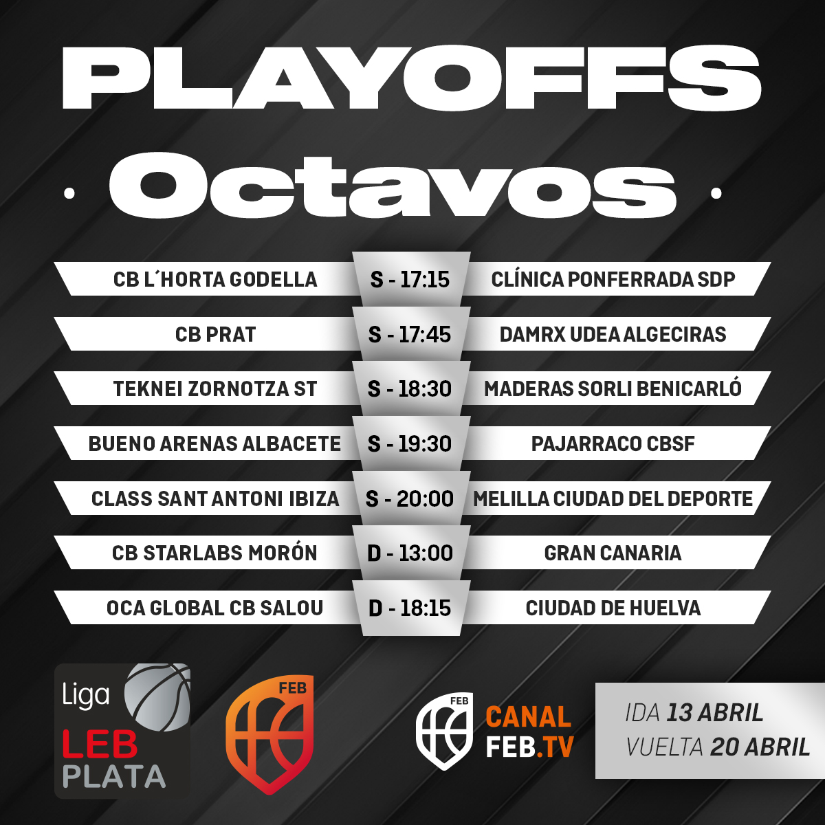 ⛹️‍♂️ #PlayoffsLEBPlata: Los primeros encuentros de vuelta, ya en juego en #CanalFEB ▶️ @cblhortagodella 🆚 @baloncestoSDP ▶️ @CBPrat 🆚 @udeaalgeciras 🕗 Desde las 17:15 h. 📝 lc.cx/h1qqNq 📊 bit.ly/45nZGQi 📺 bit.ly/3fU6IZen