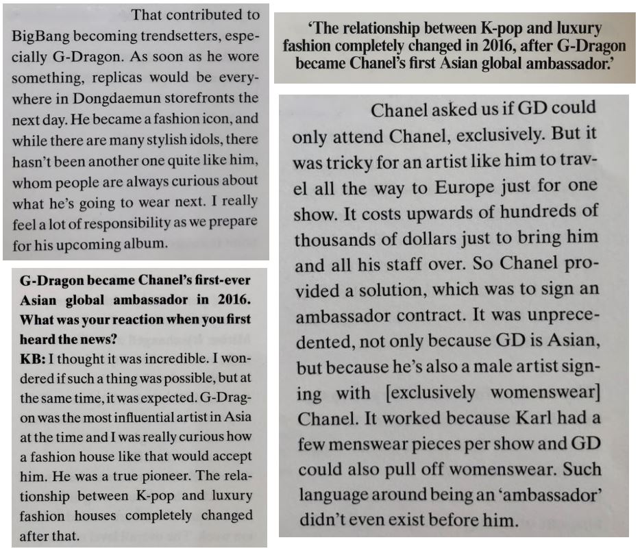 Here's a summary of this article + some snippets (I can't post it all) #gdragon 'Such language around being an 'ambassador' didn’t even exist before him' -Gee Eun 'He was a true pioneer. The relationship between K-pop and luxury fashion houses completely changed after that' -KB