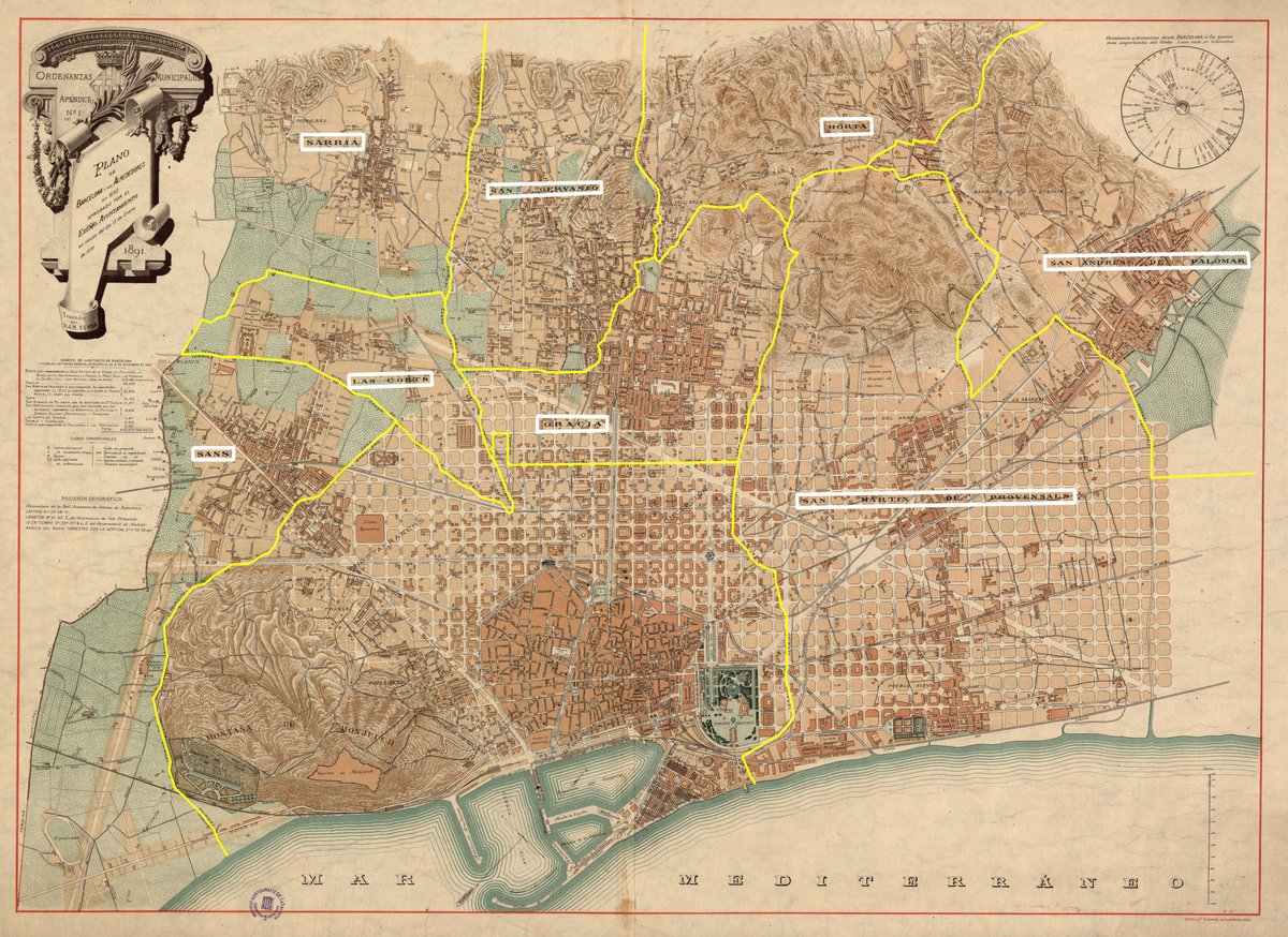 Quan de fet ja s'havien convertit en una trama urbana contínua, #taldiacomavui de 1897 Barcelona s'annexà tots els municipis del pla (excepte Sarrià i Horta), doblant la població fins al 509.589 habitants. Plànol oficial de 1891 amb els límits municipals en groc. Fil 📐 | 📷 ICGC