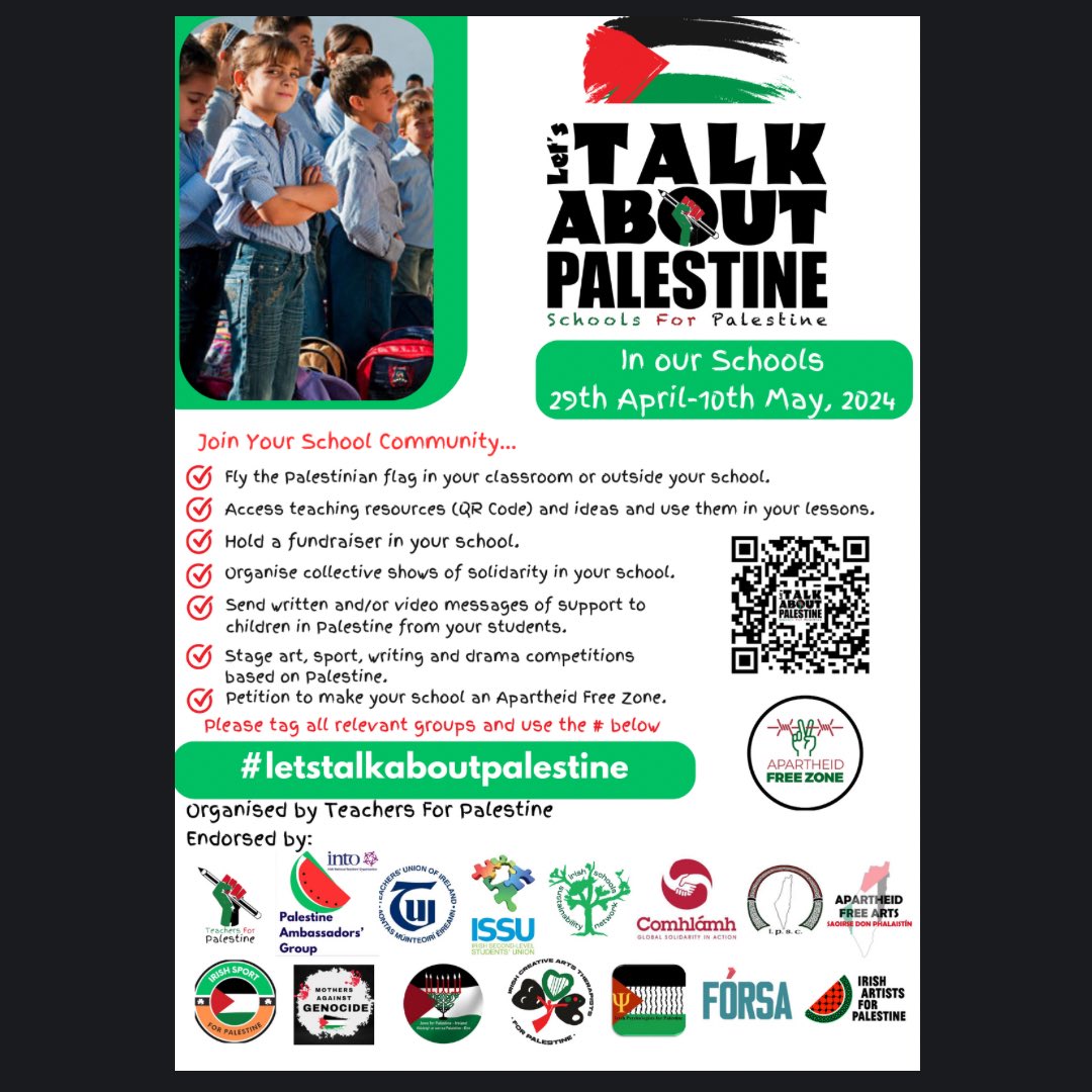 Teachers4Pal's tweet photo. This is going to be brilliant. More to come. Thank you to @INTOnews @TUIunion @forsa_union_ie @issu4u @ipsc48 @Comhlamh @IrishSchSusty @JewishPeace @Sport4Palestine @_IAFP @ApartFreeArts @IPFPIreland and Mothers Against Genocide and Irish Creative Arts Therapists for Palestine https://t.co/D4OTbOkdV7