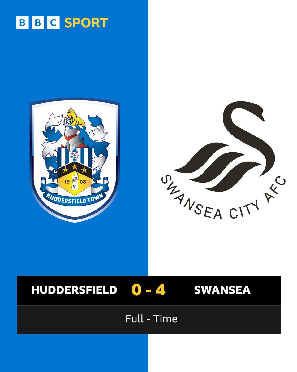 FULL-TIME: Huddersfield Town 0-4 Swansea City 🚨 #HTAFC fans get in touch! The Football Forum is next as Town's survival hopes take a hammer blow. 📞 0800 389 33 33 📱 8133 start with WYS 📲WhatsApp start with WYS 08000 321 333 📻 DAB 📺 Freeview 719 #BBCFootball |