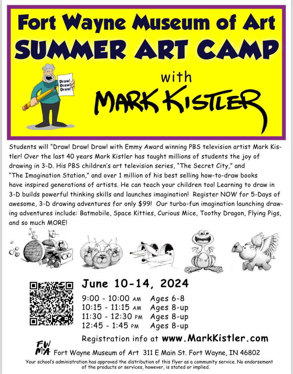 Excited to be returning to Fort Wayne Museum Of Art for another wonderful Summer Art Camp Week! June 10-14! markkistler.com/art-camps/copy…