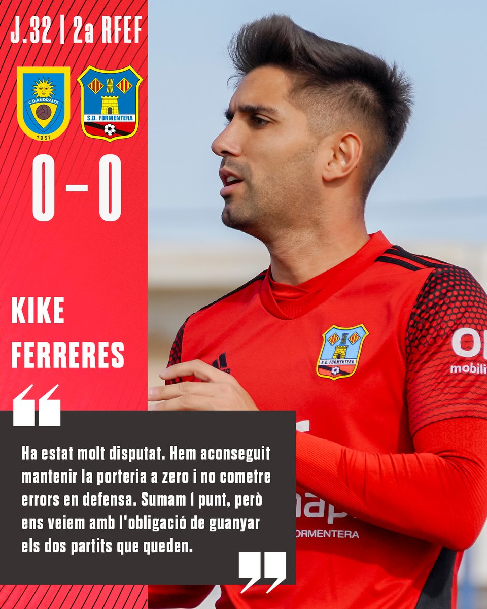𝗣𝗢𝗦𝗧𝗣𝗔𝗥𝗧𝗜𝗧 | <a href="/kikeferreres3/">kike ferreres 3</a> a <a href="/RadioIlla/">Ràdio Illa</a> 🎙️

"Ha estat molt disputat. Hem aconseguit mantenir la porteria a zero i no cometre errors en defensa. Sumam 1 punt, però ens veiem amb l'obligació de guanyar els dos partits que queden."

#AndratxFormentera