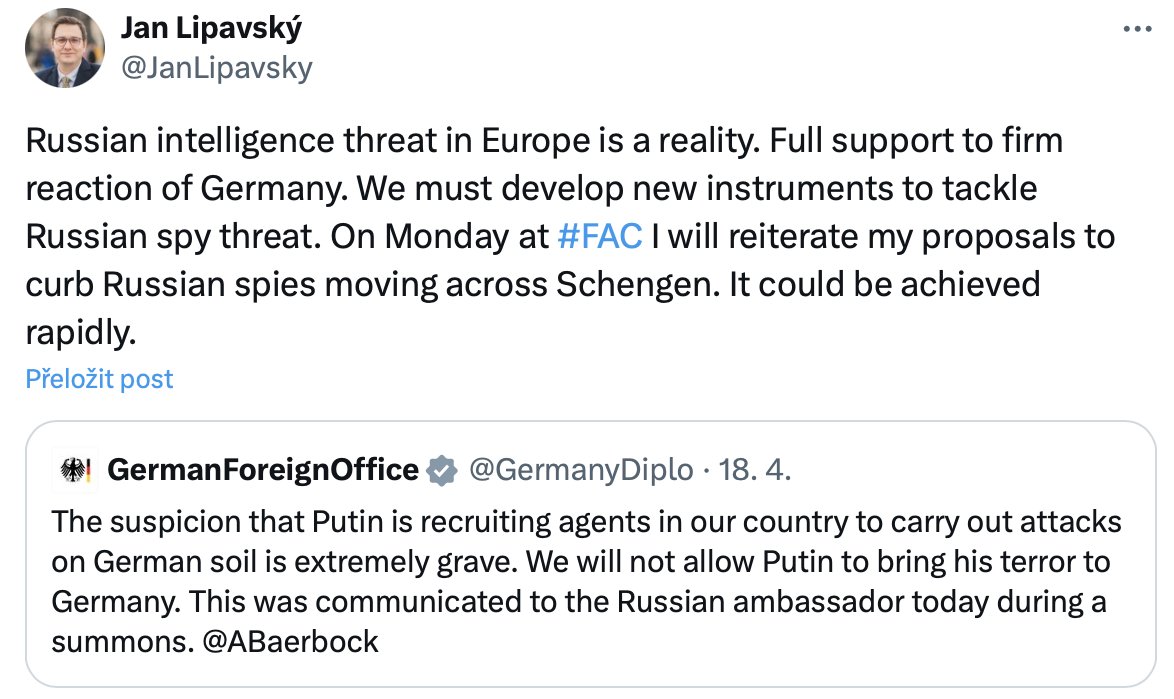 PROBLEM: Russian Embassies across EU still serve as bases of Russian espionage. Many EU countries (like Hungary or Austria) still allow huge numbers to operate against other allied countries, misusing the Schengen zero-ground border control travel. SOLUTION: Czech government