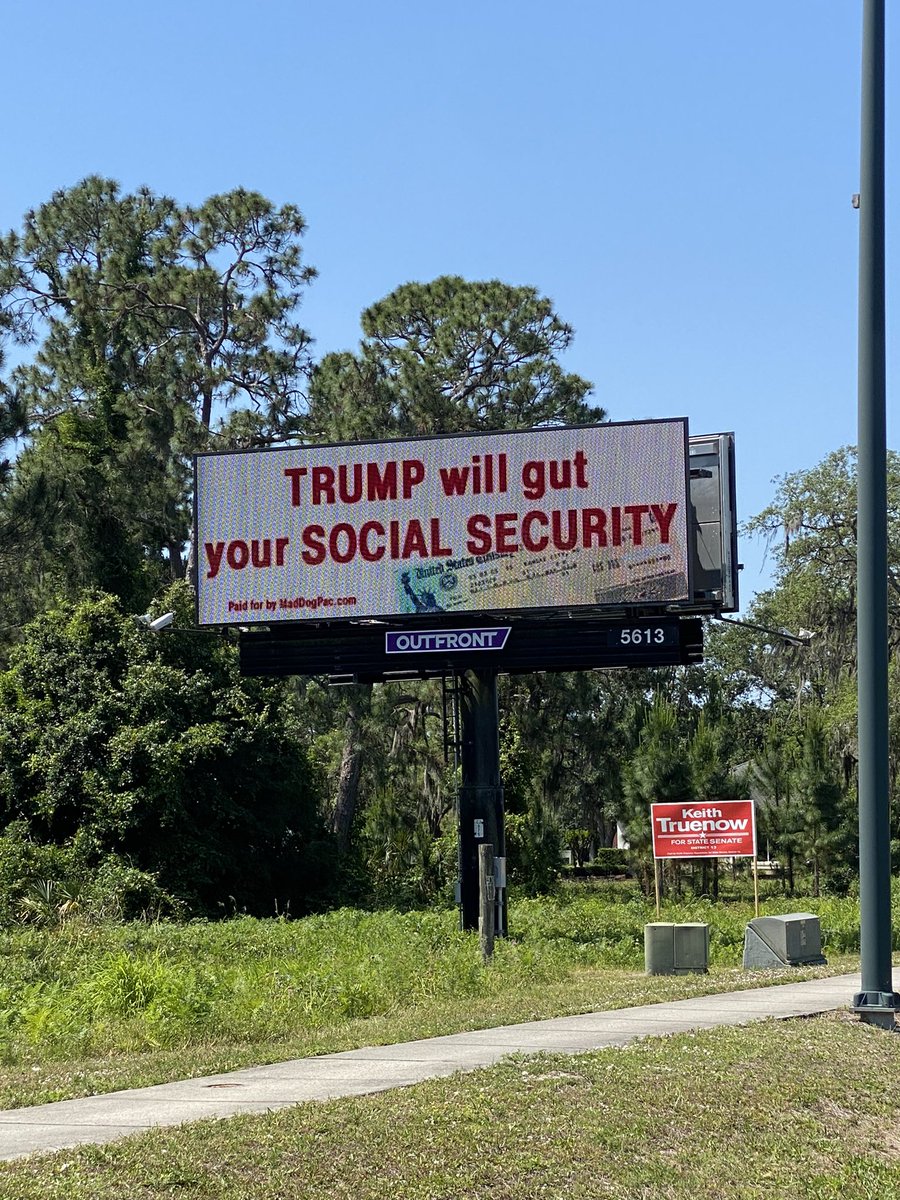 On my way to The Villages and had to stop for this greatness. Don’t forget that Trump will accomplish this with his puppets in Congress like @RepWebster. Let’s #FlipFL11 to protect Medicare and Social Security! Thank you @TrueFactsStated @maddogpac