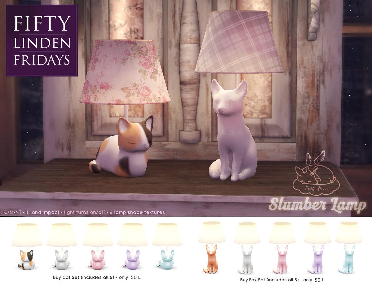✦ +Half-Deer+ Slumber Lamps for FLF!
✦ 6 lampshade options
✦ Light turns on/off on touch!
maps.secondlife.com/secondlife/Ete…