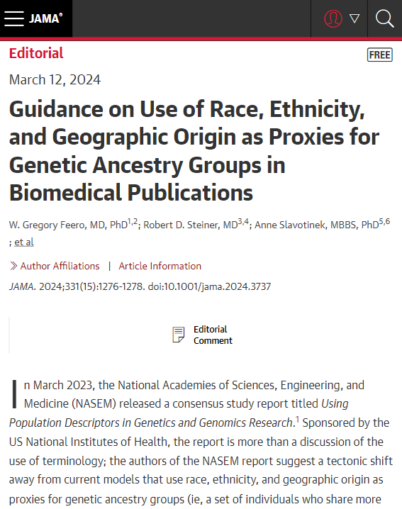 Biomedical journals have a unique role in the translation and dissemination of genetic and genomic science to readers. Read this new editorial on Guidance on Race, Ethnicity, and Origin as Proxies for Genetic Ancestry in Biomedical Publication. ja.ma/4aUbmNL