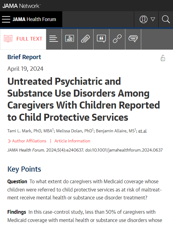 Less than 50% of caregivers with Medicaid coverage with mental health or substance use disorders whose children were referred to child protective services received counseling or substance use disorder medications. ja.ma/3Uqorcc