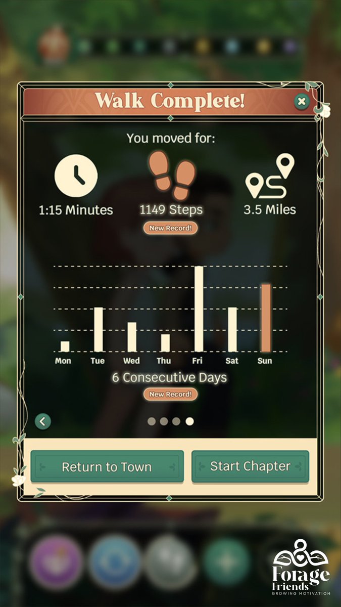 In Forage Friends, you'll be able to see your progress at the end of every walk, including: ⏱️ Duration 👟 Steps 🗺️ Distance 📊 Weekly totals The more you move, the more story content you'll unlock! #indiegamedev #selfcare #habittracking