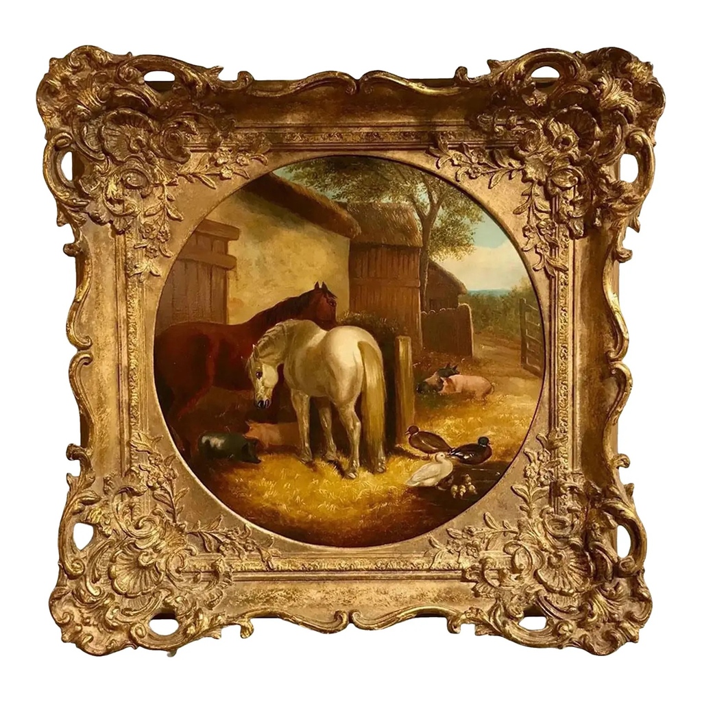 A 19th century english oil on canvas with horses in barnyard scene is captured within its original gilt wood frame. l8r.it/4plO #antiquetreasures #timelessbeauty #barnscene #horsespainting #painntinghorses #englishoilpainting #chairish #foundandchairished