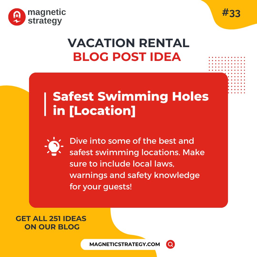 Dive into some of the best and safest swimming locations. Make sure to include local laws, warnings, and safety knowledge for your guests! 

#vacationrentals #vacationrentalmanagers #vrm #shorttermrentals #propertymanagers #propertymanagement #airbnb #vrbo #blogging #contentideas