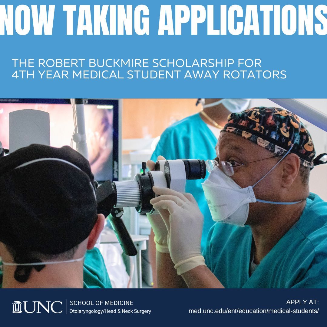 We are accepting applications for the Robert A. Buckmire Scholarship for 4th Year Medical Student Away Rotators! Find more information at med.unc.edu/ent/education/ 👂 👃 🗣️ 💰 #UNCHealth #UNC #OHNS #ENT #Otolaryngology