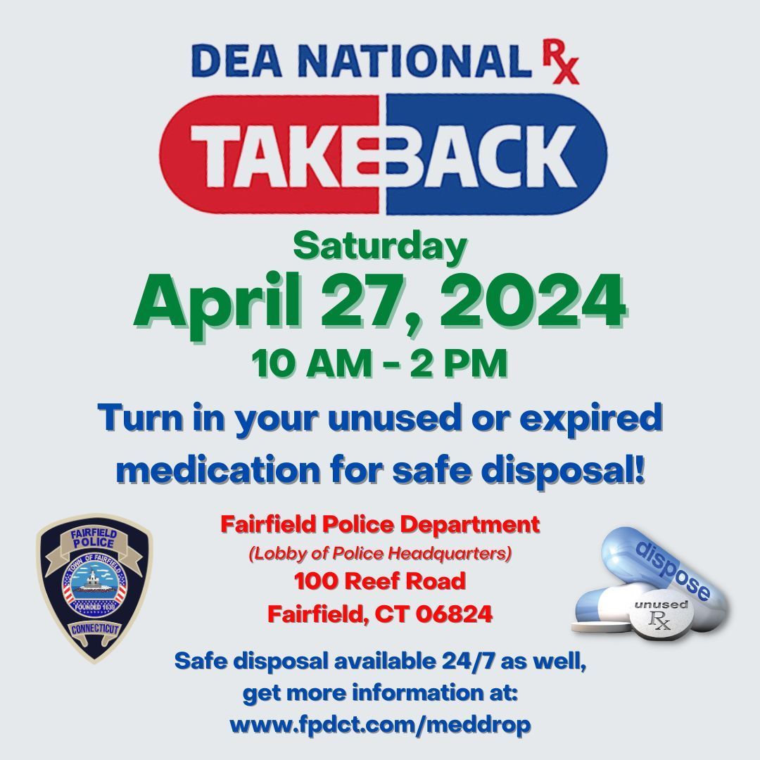 Join us for National Prescription Drug #TakeBackDay on Sat, April 27, 2024, between 10am and 2pm at Police Headquarters or find a convenient collection site near you at buff.ly/3TGMO4a. Can't make it? O MedDrop box is available 24/7. Learn more at buff.ly/3TsSXka.