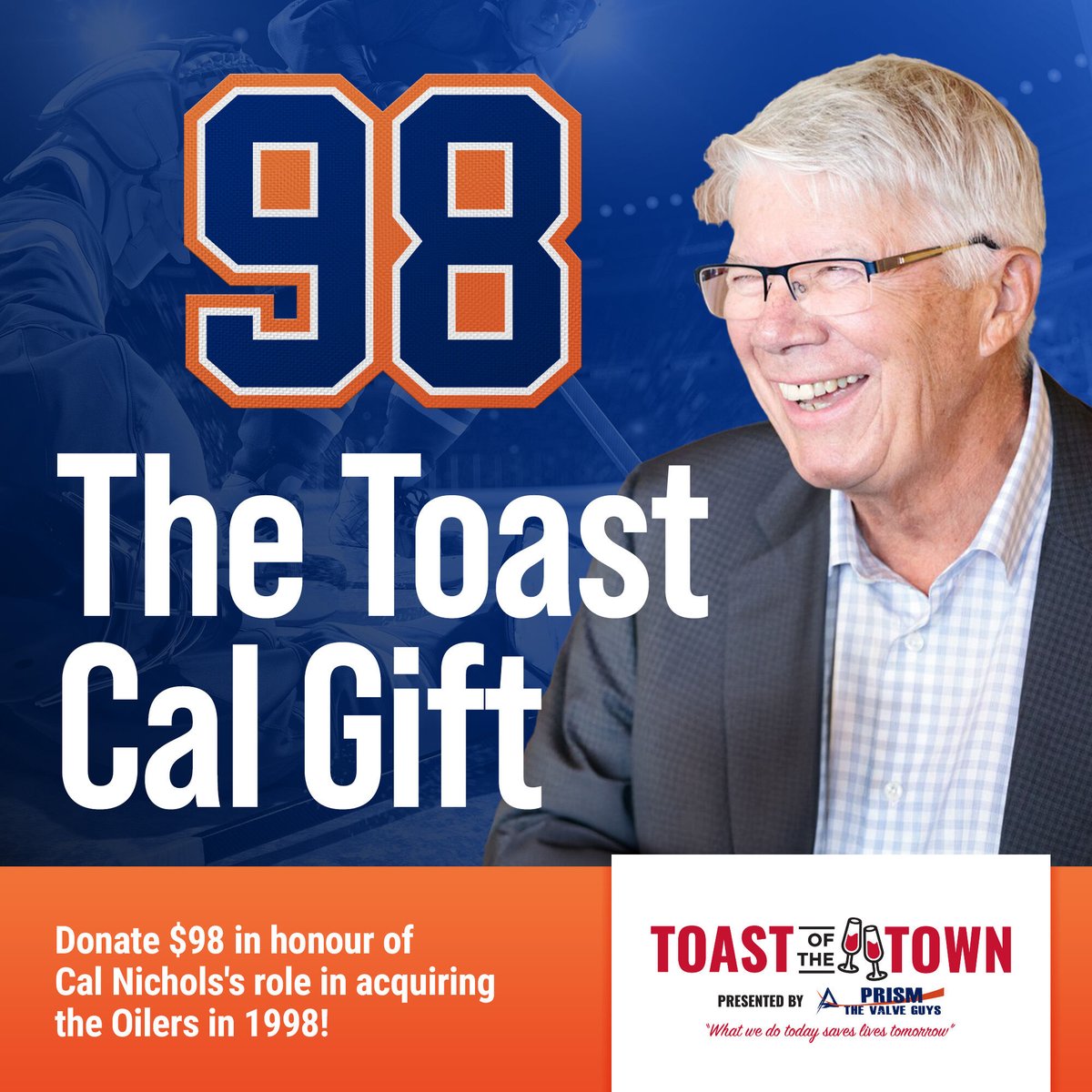 To celebrate Cal, we’re seeking one-time donations of $98, symbolizing the year Cal Nichols led the acquisition of the Oilers (1998) and played a pivotal role in keeping them in Edmonton. Donate today: toastofthetownccf.com/the-toast-cal-… #Cancer #letsgoOilers #Oilersnation