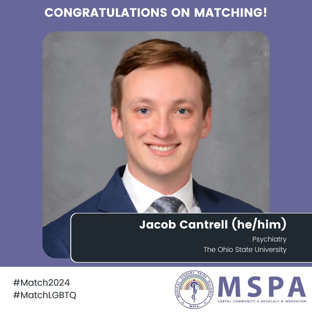 Congratulations to Jacob Cantrell (he/him) for matching into Psychiatry at The Ohio State University! MSPA has so appreciated your hard work as part of leadership team! #MSPA #MedPride #Match2024 #MatchLGBTQ