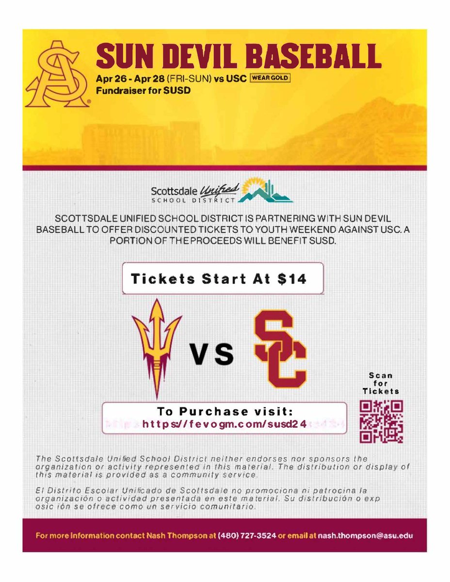 Calling all baseball fans! ASU Baseball is hosting a fundraiser for Scottsdale Unified School District on April 26-28 as they take on USC. Hurry and get your tickets at bit.ly/4cJiCxG before they sell out! #ASUBaseball #Fundraiser #SUSD #BecauseKids
