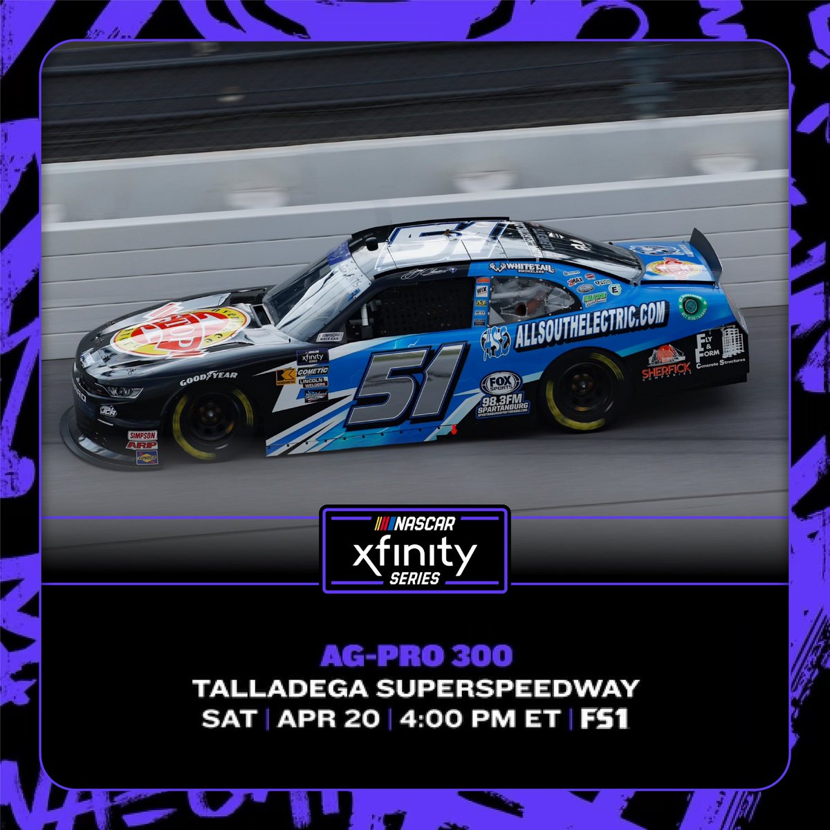 It’s @NASCAR_Xfinity Race Day @TALLADEGA !! Tune in at 400 ET on @FS1 to catch @JClements51 #Team51 #OneStop #AllSouth @flynformracing @Spartanburg1400 @TeamChevy take on the high banks of #ThisIsTalladega @XfinityRacing @NASCARONFOX #NASCAR