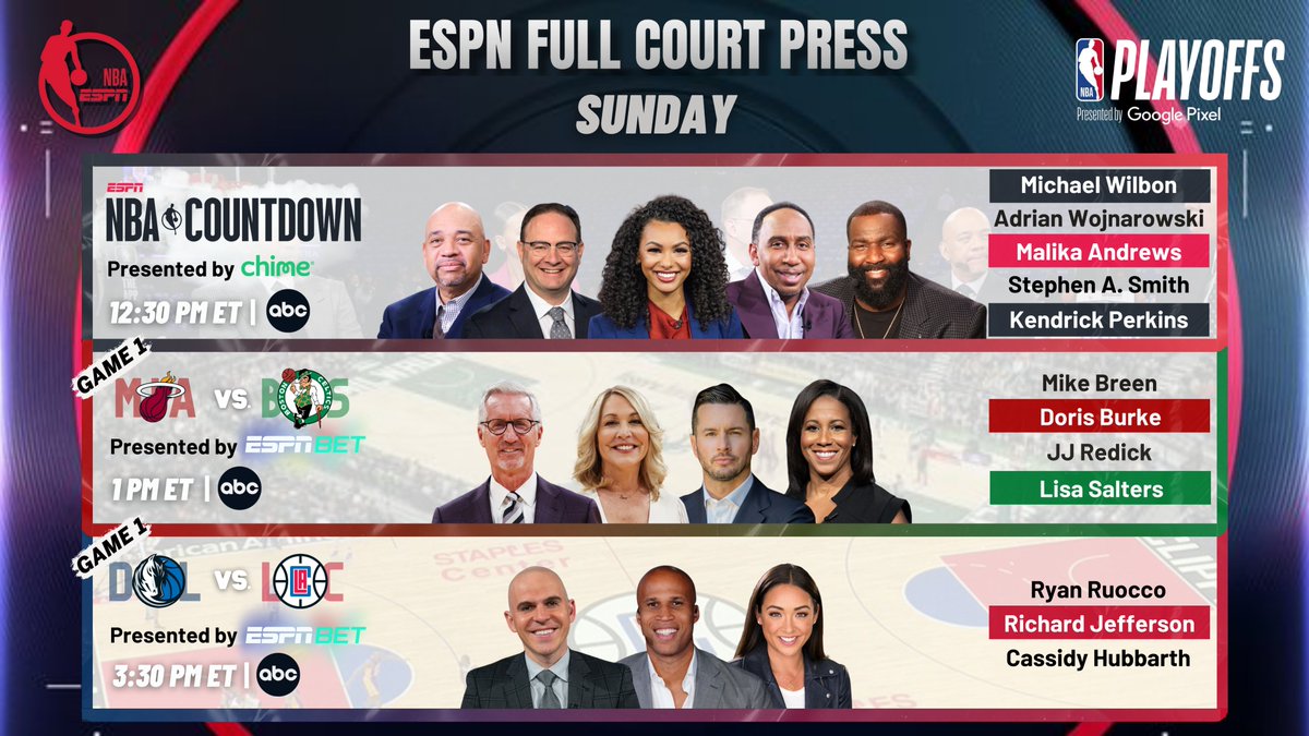 Sunday, @ESPNNBA continues its 2024 #NBAPlayoffs coverage on @ABCNetwork 12:30p ET | Countdown 🏀 1p ET | #HEATCulture vs. #DifferentHere 🎙️ Mike Breen, @heydb, @jj_redick, @saltersl 🏀 3:30p ET | #MFFL vs. #ClipperNation 🎙️ @RyanRuocco, @Rjeff24, @CassidyHubbarth
