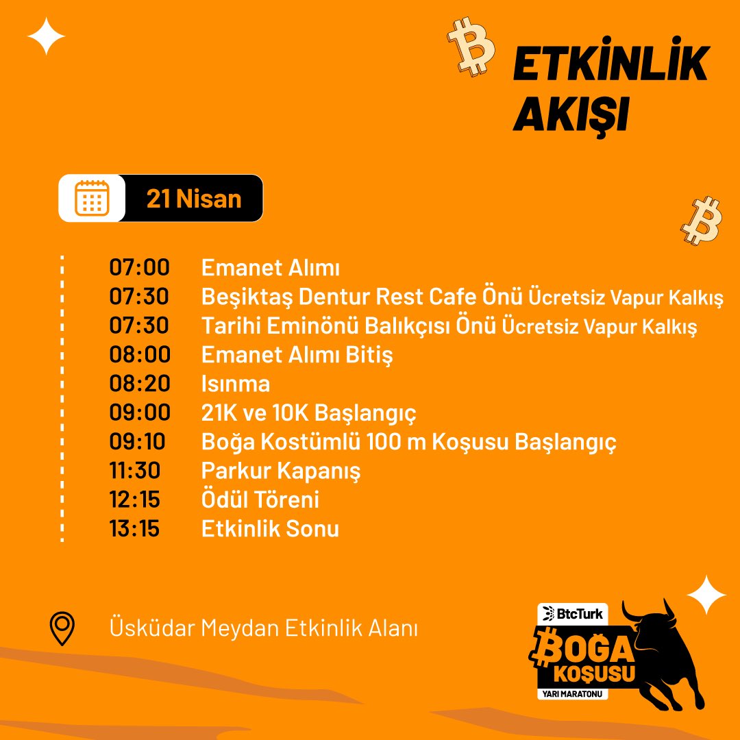 21 Nisan Pazar günü (yarın) saat 09:00'da gerçekleşecek BtcTurk Boğa Koşusu Yarı Maratonu için etkinlik akışına göz atmayı unutma. 👆🏻 #BtcTurk #HepDahasıVar #BtcTurkBoğaKoşusu #BtcTurkBullRun @BtcTurkKripto