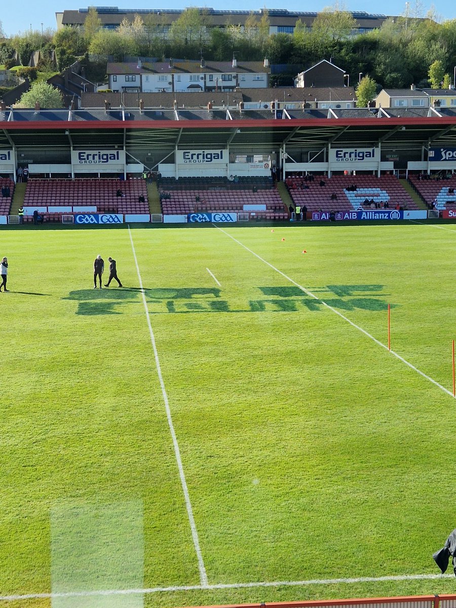 A 'Stop the killings' slogan presumanly a reference to the Israeli actions in Gaza was painted overnight on the Celtic Park pitch in Derry ahead of today's game between Derry and Donegal #GAA