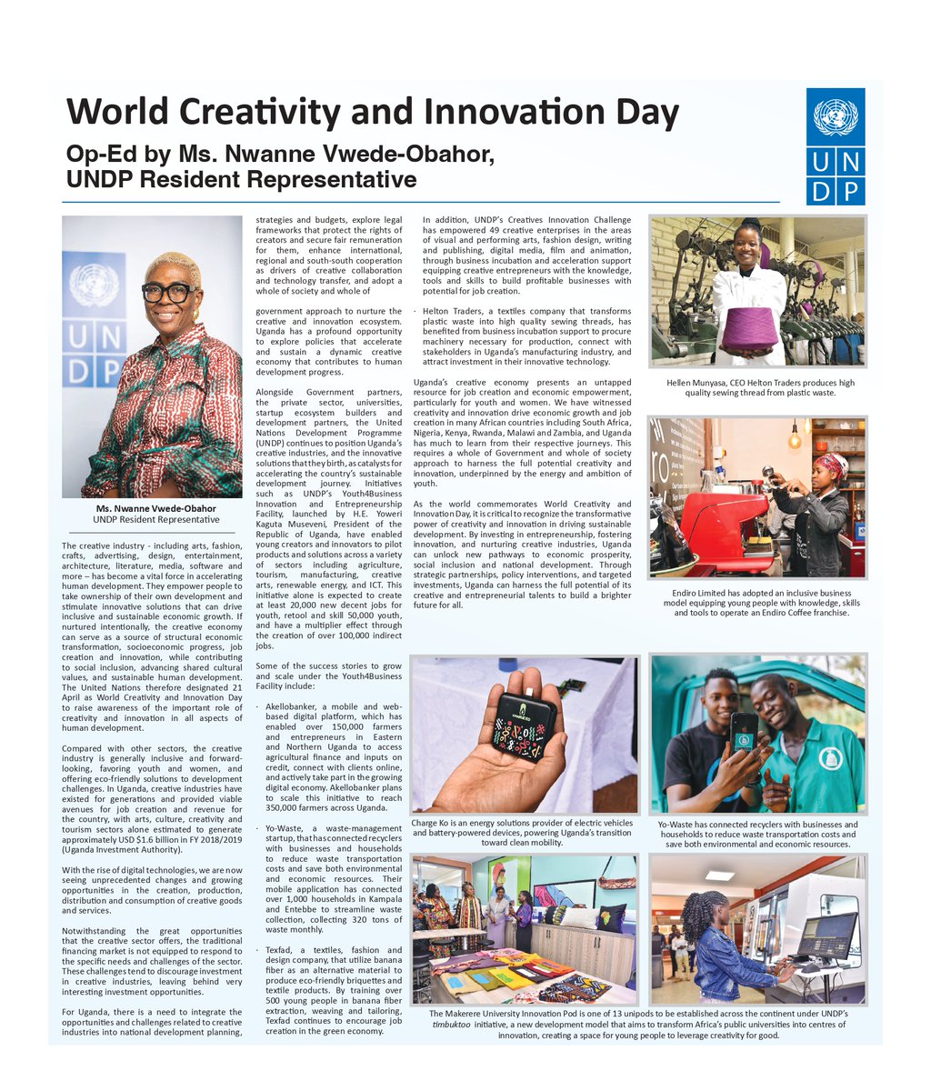 Uganda’s creative economy presents an untapped resource for job creation and economic empowerment, particularly for youth and women. @UNDPUganda Resident Representative @NwanneObahor shares her thoughts on World Creativity and Innovation Day #WCID💡 🔗bit.ly/WCIDUganda