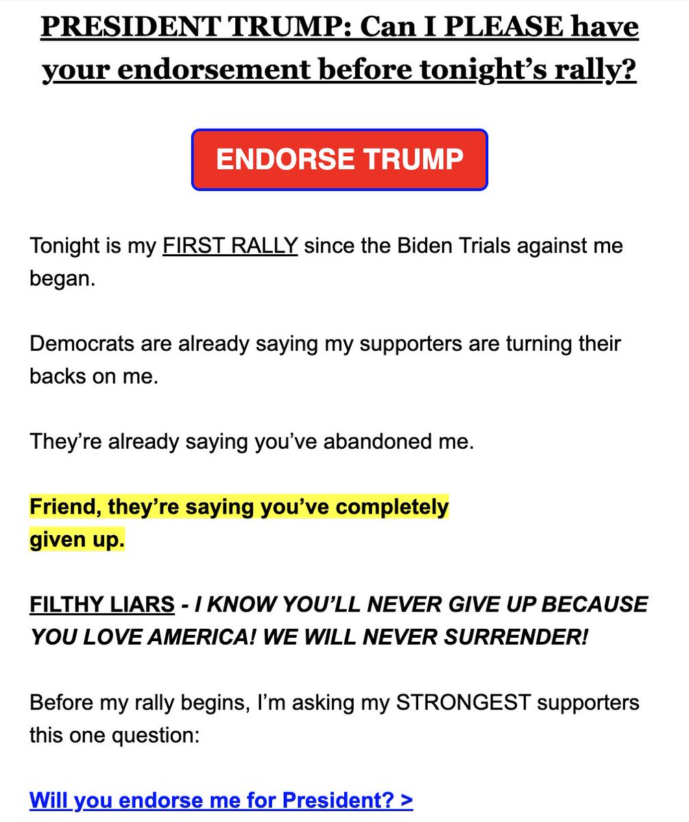 Interesting shift in tone in hourly emails from MAGA HQ. - I'm used to 'we're doomed!' fund-raising notes from DNC. - Used to 'I'm the real victim!' notes from Trump. But not used to this 'even my friends don't like me' tone from DJT. (Emphasis/highlights in original)