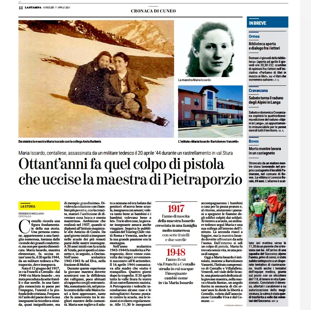 fiorenza30's tweet photo. Un bel ricordo di #MariaIsoardo su #LaStampa #Cuneo a 80 anni dalla morte nella scuola di #Pietraporzio in #ValleStura per mano di un militare dell'esercito tedesco
@StampaCuneo
@fedemelanus https://t.co/popbKWP4ve