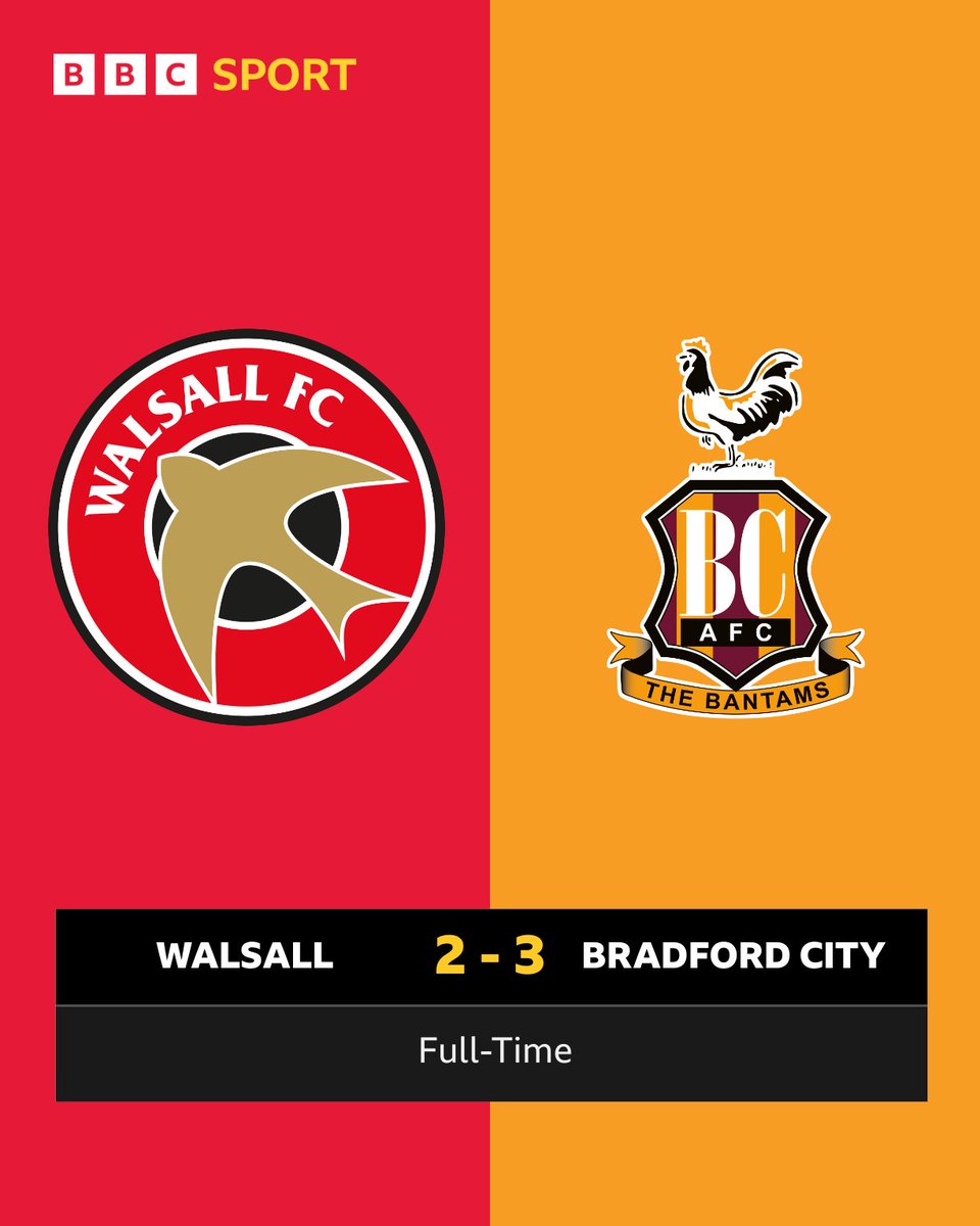 FULL-TIME: Walsall 2-3 Bradford City 🚨 #BCAFC fans get in touch! The Football Forum is next as the Bantams battle back for a heroic win! 📞 0800 389 33 33 📱 8133 start with WYS 📲WhatsApp start with WYS 08000 321 333 📻 92.4FM 👉bbc.in/3bSj5jt #BBCFootball |