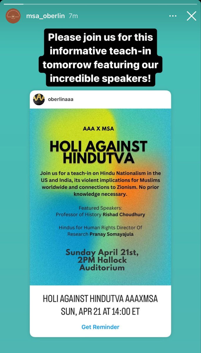 Why did MSA at Oberlin delete from this page and yet continue to promote this event on their story? 

Are Hindu students not allowed to exercise free speech and religious freedom?