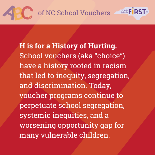 School voucher programs perpetuate segregation, systemic inequities, and a worsening opportunity gap for many vulnerable children. Vouchers benefit those already in private schools, while diverting funding from students in public schools. #nced #ncpublicschools #noscoolvouchers