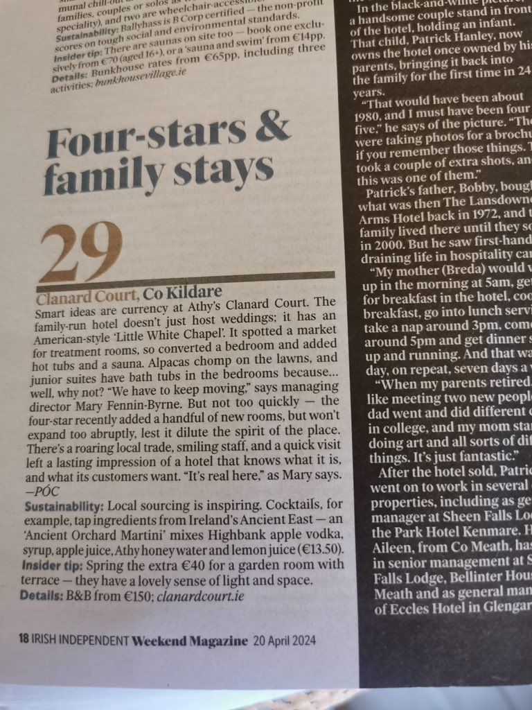 We are really thrilled to feature for the first time in today’s @indo_travel_ and @indoweekend 𝗜𝗿𝗲𝗹𝗮𝗻𝗱’𝘀 𝗯𝗲𝘀𝘁 𝗽𝗹𝗮𝗰𝗲𝘀 𝘁𝗼 𝘀𝘁𝗮𝘆 𝗙𝗮𝗯 𝟱𝟬 🍾
m.independent.ie/life/travel
Thank-you @poloconghaile 
#indofab50 #clanardcourthotel