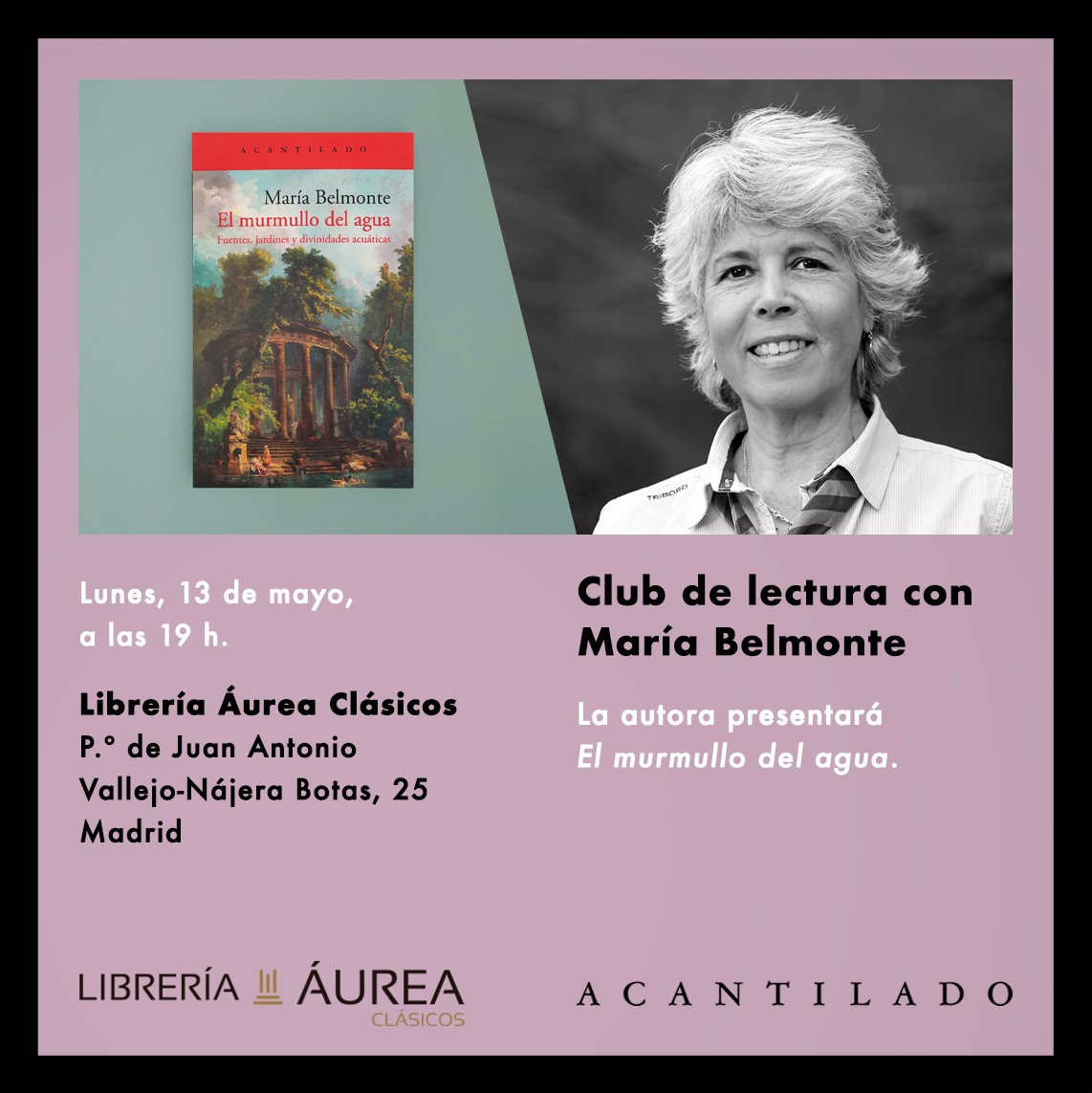 #ClubdeLecturaÁureo Presentamos nuestro primer club de lectura. Comenzaremos con 'El murmullo del agua' de María Belmonte. Será una charla amena donde los lectores podréis compartir vuestras impresiones entre vosotros y con la propia autora, quien participará en el club.