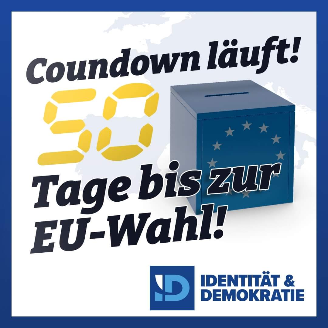 ➡️ Countdown läuft: Nur noch 5️⃣0️⃣ Tage bis zur #EUWahl! Eine Wahl mit Sprengkraft: Am 9. Juni haben wir die Chance, bei der EU-Wahl ein Signal an die Welt zu senden: Bis hierhin und keinen Zentimeter weiter! Schluss mit den Lügen, Schluss mit der Gängelung, Schluss mit der