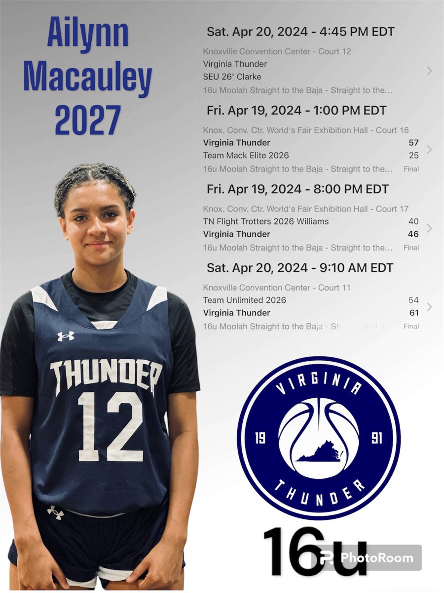 <a href="/aj_macauley2027/">Ailynn Macauley</a>  one game at a time. Next game is on court 12 at 4:45. Continue to Shine. Back to Back 16pt performances. Keep having fun. <a href="/PGHVirginia/">Prep Girls Hoops Virginia</a> <a href="/MMBR_CoachGBell/">Major Movez Basketball Review #MMBR</a> @SWVAGirlsHoops <a href="/InsiderExposure/">InsiderExposure</a> <a href="/VABelles1/">Virginia Thunder</a>