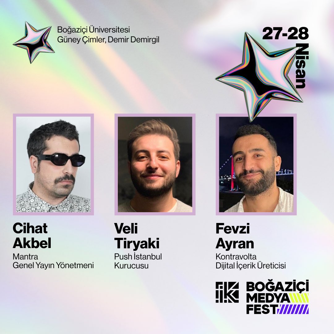 İçerik Üreticisi #FevziAyran (kontravolta), Mantra Genel Yayın Yönetmeni #CihatAkbel, Push İstanbul Kurucusu #VeliTiryaki 28 Nisan’da  Boğaziçi MedyaFest’te bizlerle olacak🙌🏼

Sen de etkinliğin bir parçası olmak istiyorsan Bio’daki linkten biletini alabilirsinn✨