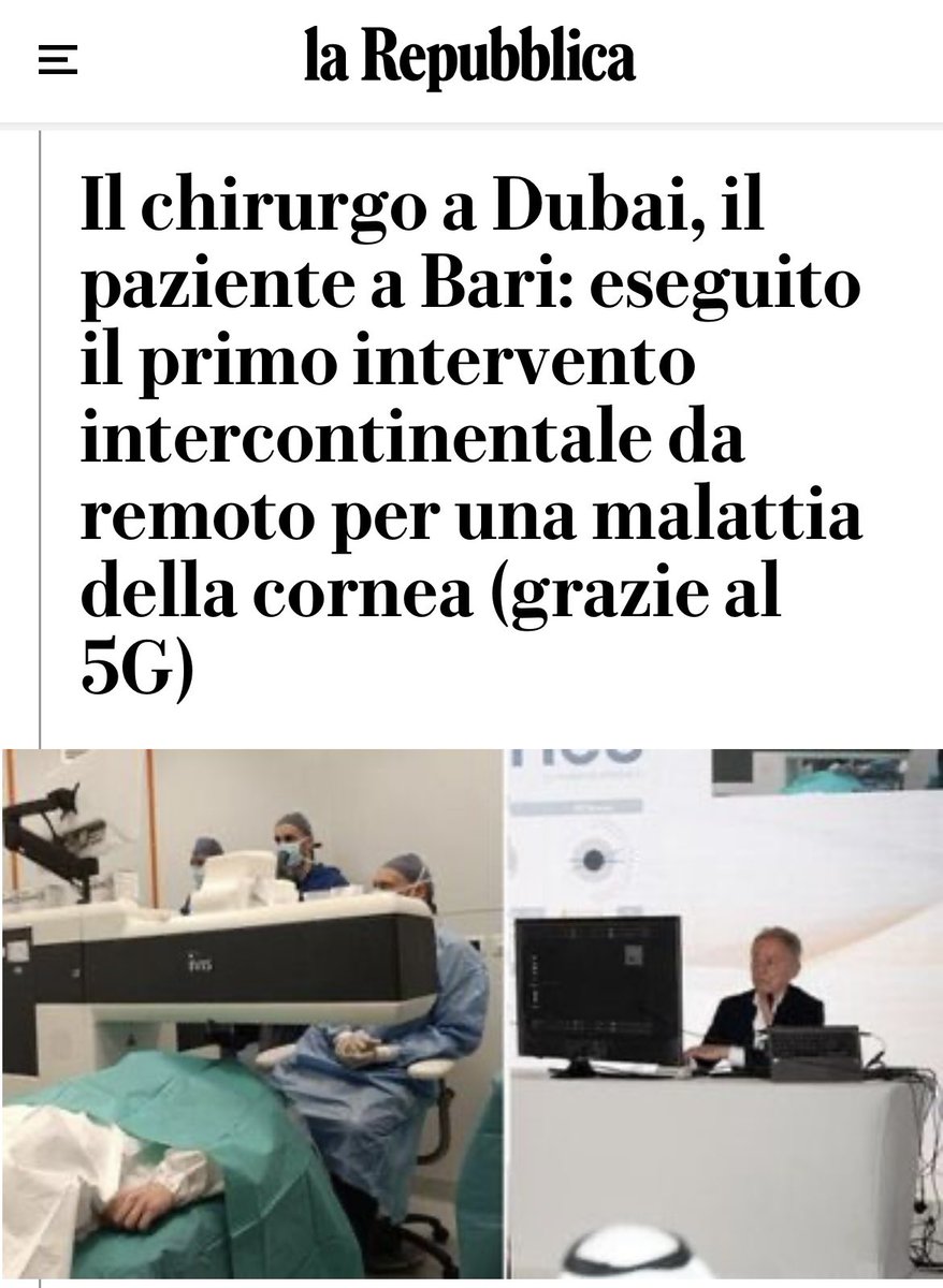 pelo80's tweet photo. Il Prof. Alessio ha effettuato ieri un intervento chirurgico alla cornea. Ne avrà fatti migliaia, ma questo è unico. Lui era infatti a Dubai mentre il paziente a Bari, 4 mila km più in là. Tanta tecnologia dietro, tra cui il #5G

#ImaginePossible https://t.co/FJ9hnoKDSL