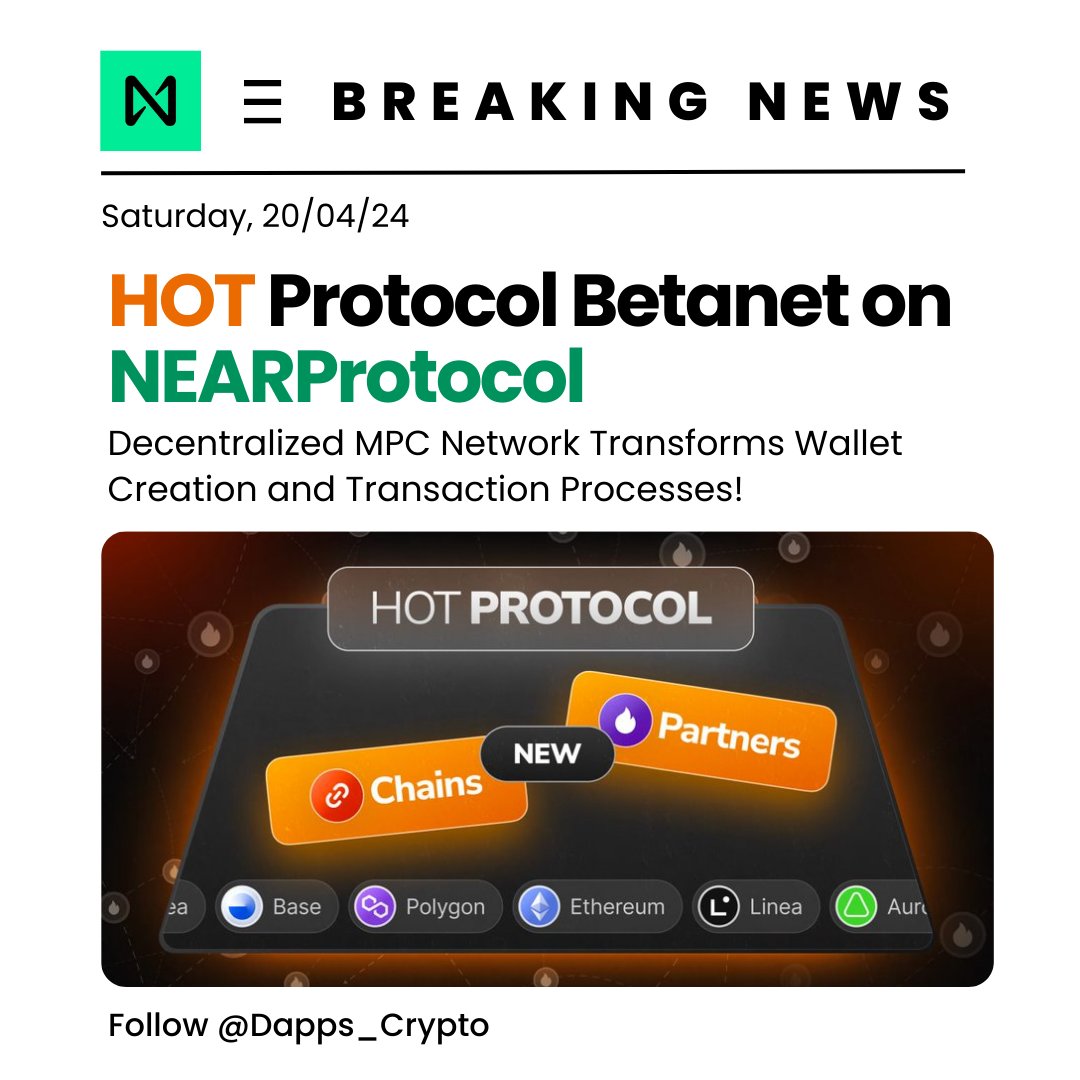 🔥 BREAKING: The HOT Protocol Betanet has launched on <a href="/NEARProtocol/">NEAR Protocol</a>, introducing a decentralized MPC network with Chain Abstraction Layer support.

Revolutionize wallet creation with self-custodial Bitcoin, Ethereum, Solana options, and more.

Enjoy advanced features like seed