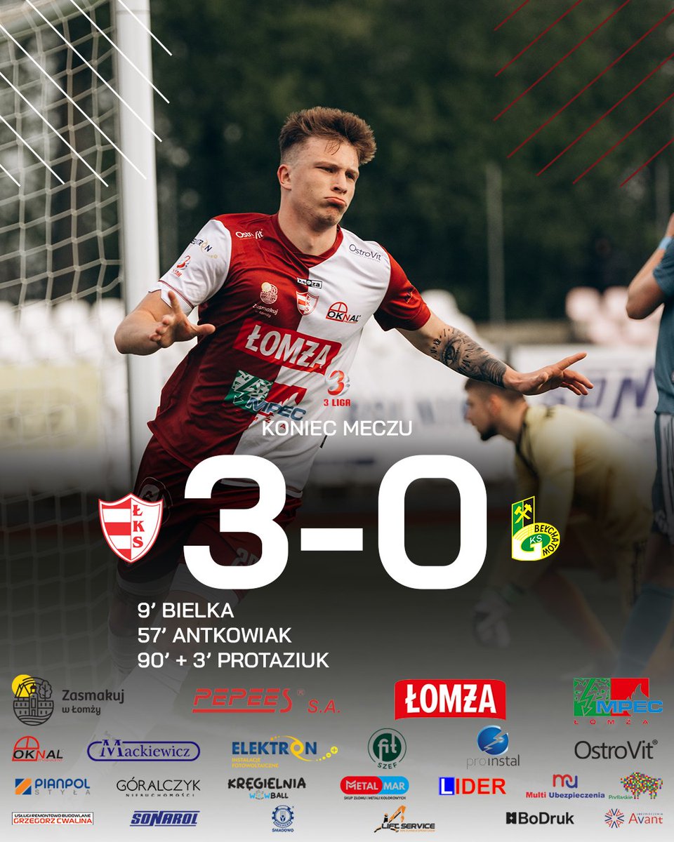 lkslomza's tweet photo. ⏱ Koniec!  Wygrywamy dzisiejszy mecz z GKS Bełchatów 3:0! 👏 https://t.co/qcaGXBrnEo