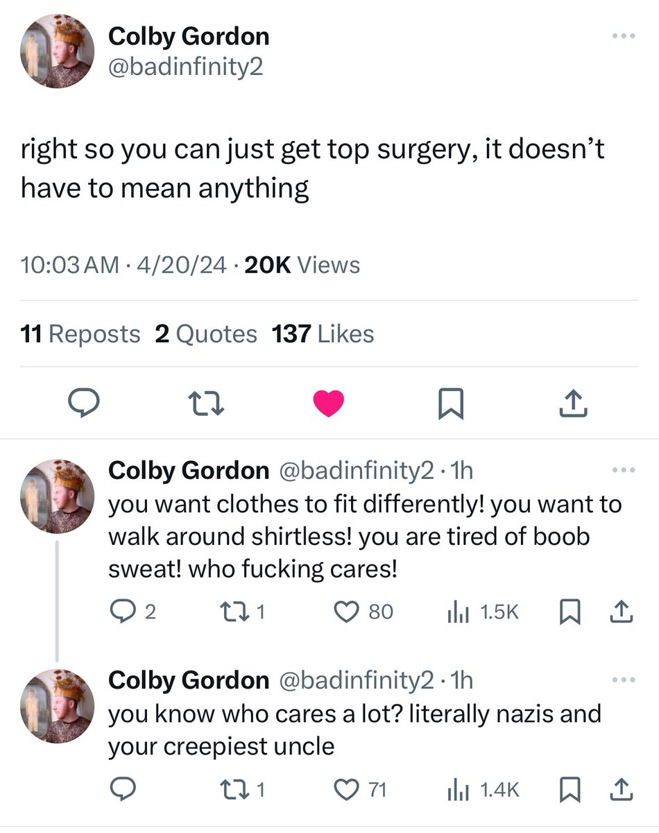 EliErlick's tweet photo. You shouldn’t have to be trans to get any sex characteristic-related surgery. It’s not a limited resource. Plenty of cis men get implants and cis women get breast reductions. From @badinfinity2 today and Leslie Feinberg in 1996. https://t.co/fxnLogogEn