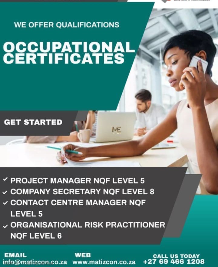 ACCELERATE YOUR CAREER with these 

Occupational Qualifications.

To Enroll contact us

WhatsApp and Calls 069 466 1208 

Email - info@matizcon.co.za

Website Address - matizcon.co.za
💯🚀🏂🦸☎️💃💃💃📣📣📣📢📢
#BuiltToServe